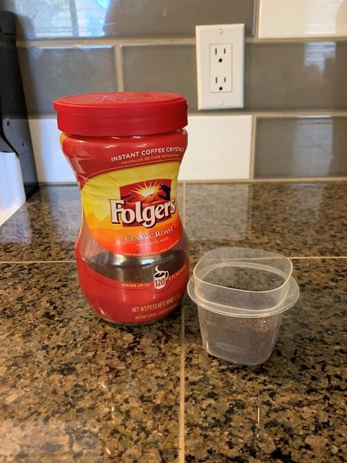 Folgers Instant Coffee with Rubbermaid container.