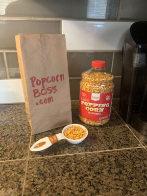 Add 1/3 of a cup of popcorn kernels into a paper bag. Paper bag and popcorn kernels.