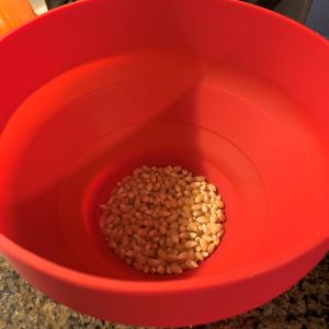 Popcorn kernel fill line in the Rapid Brands microwave popcorn popper bowl. Popcorn kernel fill line in the Rapid Brands microwave popcorn popper bowl.